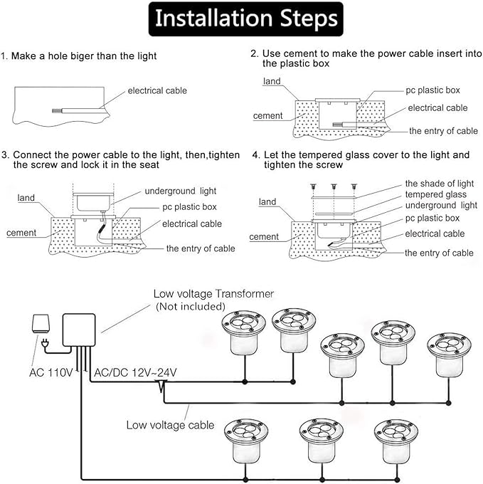 4 Pack LED Landscape Lights - 3W Low Voltage Ground Well Light DC 12V/24V Pathway Lights 300LM Warm White 3500K Water-Resistant LED Outdoor Spotlights for Driveway Deck Step Garden Lights (