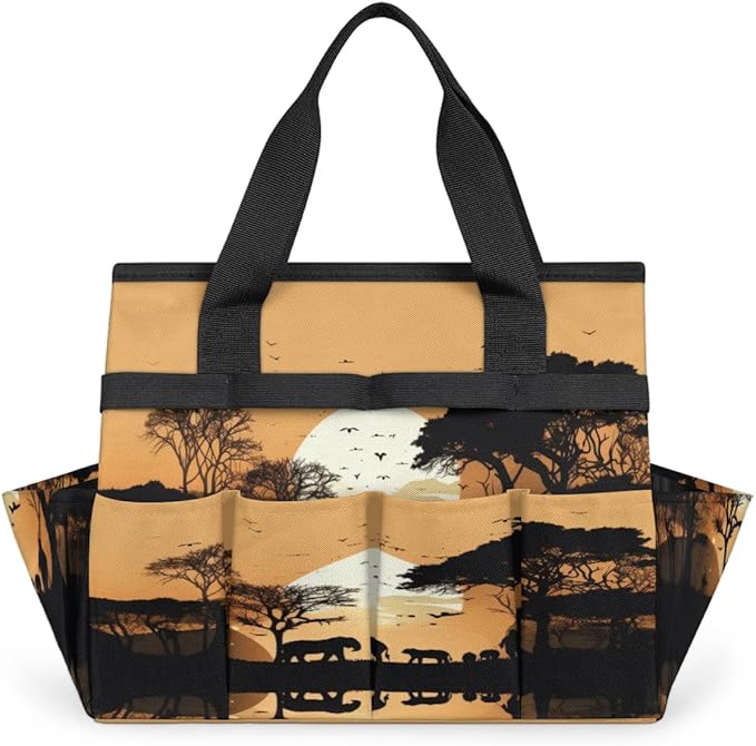 Sunset Elephants Tree Silhouette Garden Tool Bag Waterproof Garden Tool Storage Bag Heavy Duty Oxford Gardening Tool Bag with Handle &amp 10 Pockets for Men Women Outdoor Garden Lawn Yard