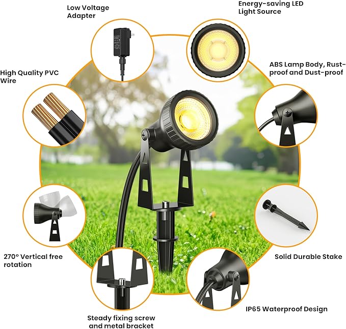 Outdoor Landscape Lighting 4-Pack Outdoor Spot Lights with Transformer Plug in LED Spot Lights for Garden Yard Backyard Plants Lawn Trees House Flags IP65 Waterproof – Warm White