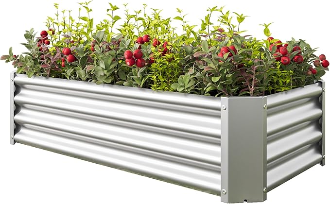 Raised Garden Beds Outdoor for Gardening 4×2×1ft Galvanized Rectangular Plastic Raised Planter Garden Box for Fruit Vegetables Herbs Flowers Growing Bed for Lawn Patio Balcony Silver
