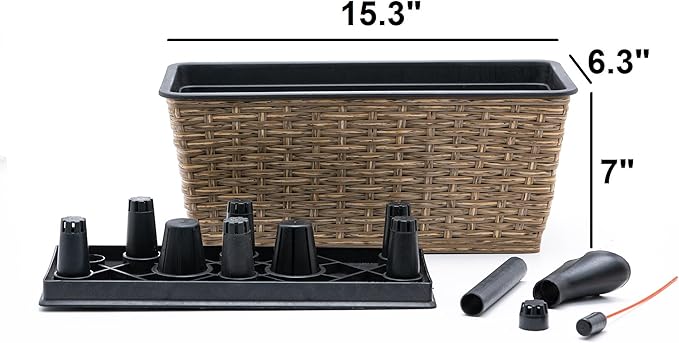 2 Pack Smart Self Watering Rectangle Planter for Indoor and Outdoor Hand Woven Wicker Brown