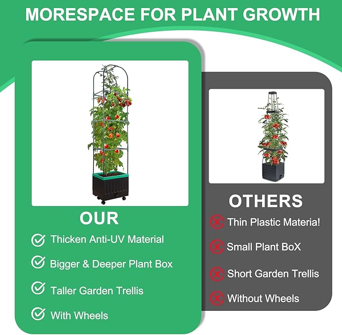 Raised Garden Bed with Self Watering Garden Pots Planter Box with Trellis for Climbing Plants Vegetable Vine Flowers Tomato Cage Planter for Indoor Outdoor Yard Greenhouse Use