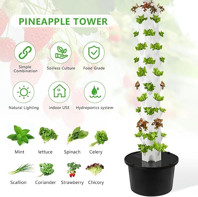 Hydroponics Growing System 32/48 Pods Vertical Hydroponics Tower Aeroponics Growing Kit Smart Garden Planter Herbs Germination Kit with Hydrating Pump Adapter Net Pots Timer 12floor/1pc