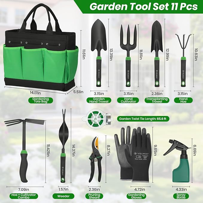 Velway Garden Tools Set -11-Piece Heavy Duty Hand Tool Kit with Ergonomic Handles Rust-Proof Carry Tote Bag – Gardening Gifts for Women &amp Men (Green)