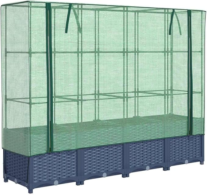 Raised Garden Bed Blue Grey Polypropylene 63x15.7x54.3 Inch Planter Box Imitation Rattan Texture Outdoor Indoor Gardening Elevated Planters for Vegetables Herbs Flowers