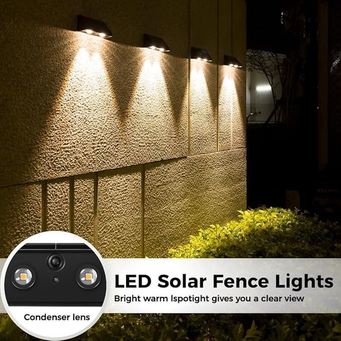 Bright Warm Outdoor Security Wall Lights Waterproof Led Solar Spotlights Solar Fence Lights 4 Packs with 1200Mah Battery Wireless Outdoor Patio Lights for Backyard Garden Porch