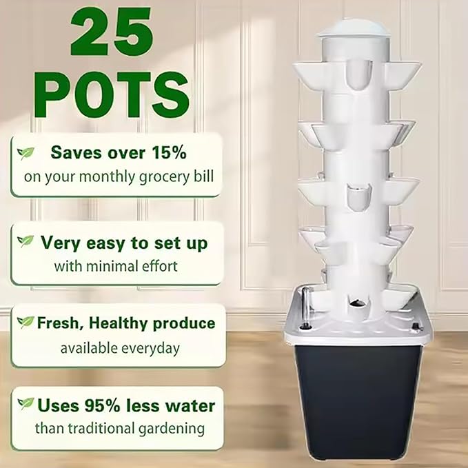 Balcony Hydroponic Tower Garden 25-Plants Hydroponics Growing System Kit for Beginners Home Indoor Gardening Herbs Fruits and Vegetables Automatic Watering