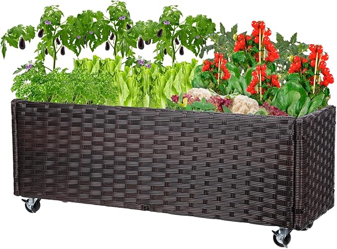 Raised Garden Bed with Wheels - Rattan Wicker Elevated Raised Garden Bed Outdoor Raised Planter Box for Vegetables Grass Lawn Yard 38 x 14.5 x 12 in Brown