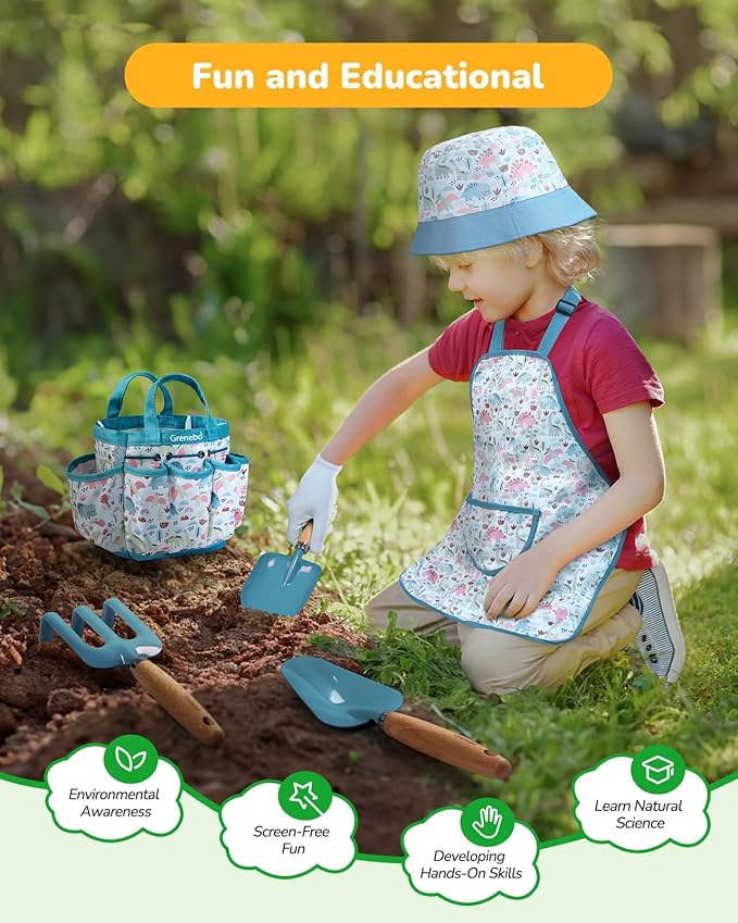 Kids Gardening Set Toys Quality Garden Tool Kit for Kids and Toddlers Includes Two Shovels Garden hatRake ApronGloves Watering Can and Tool Bag (Blue)
