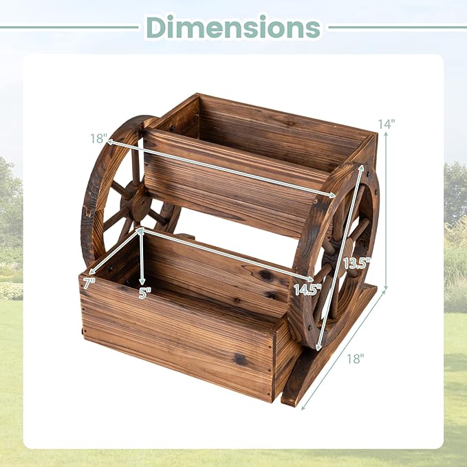 HAPPYGRILL Wood Wagon Planter Box 2-Tier Rustic Raised Garden Bed w/Wheels Drainage Holes for Vegetables Flowers Indoor Outdoor Decorative Planter Container Flower Cart for Patio Balcony (1)