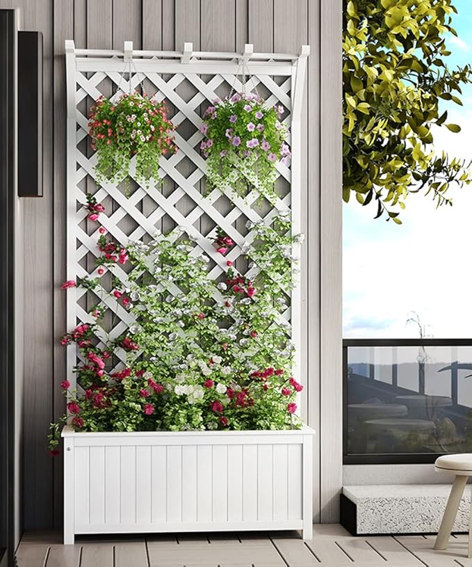 Wood Planter Raised Bed with Top 48 Inch Height Plant Climbing Box for Garden Balcony Patio Yard Porch Vertical GardenWhite75x40x120cm