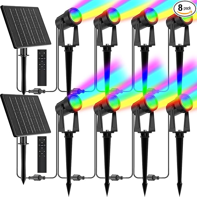 ZYAN Solar Color Changing RGB Spotlights with Remote 12000mAh Separate Monocrystalline Panels &amp USB-C Powered Auto On Off Outdoor IP65 Waterproof for Patio Yard Path (100 Lumens × 8 Pack)