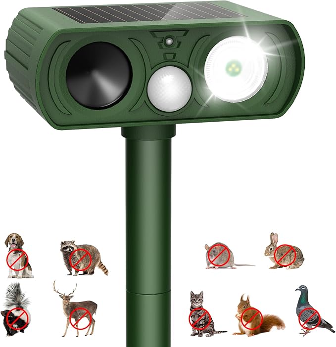 Upgraded Solar Ultrasonic Animal Repellent Outdoor Deer Repellent Devices Squirrel Cat Raccoon Rabbit Dog Deterrent Keep Skunk Away Motion Detection with Flash Light for Yard Garden Lawn 1PACKGreen