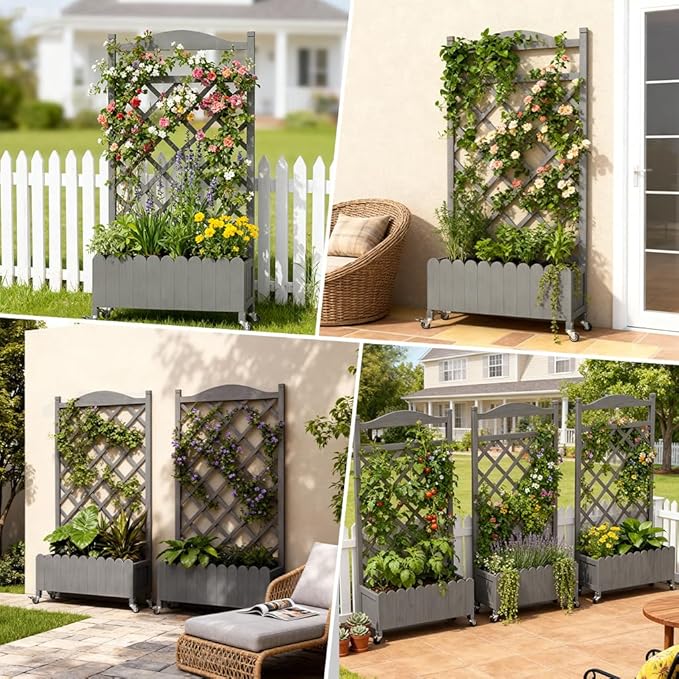 COMHOMA Raised Garden Bed with Trellis and Wheels48Inch Elevated Planter Box with Drainage HolesLattice Privacy Screen for Climbing Plants VegetablesOutdoor for Patio Balcony YardGray