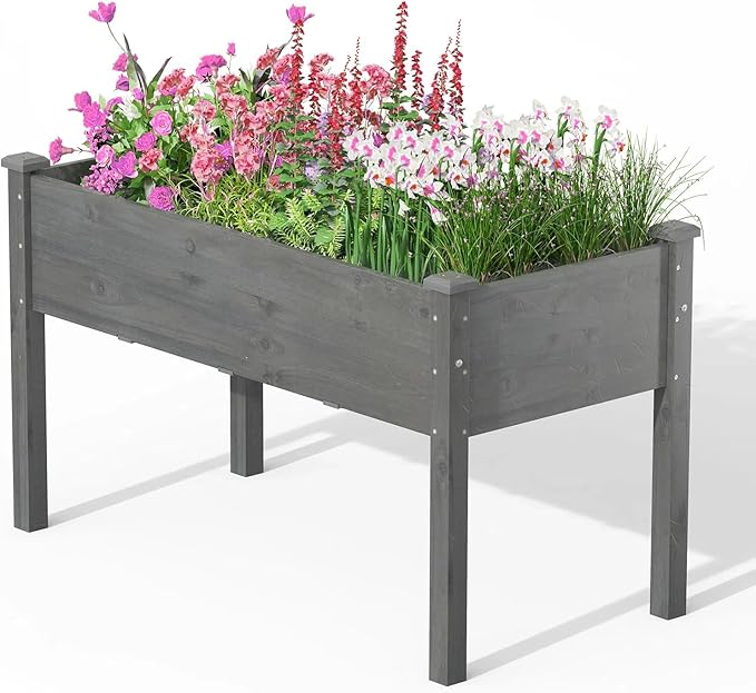 Raised Garden Bed 48” x 22” x 30” Elevated Planter Box w/Legs &amp Drainage Hole Wooden Planter Raised Bed for Vegetables Flowers Herbs Perfect for Outdoor Gardening Backyard Lawn Grey