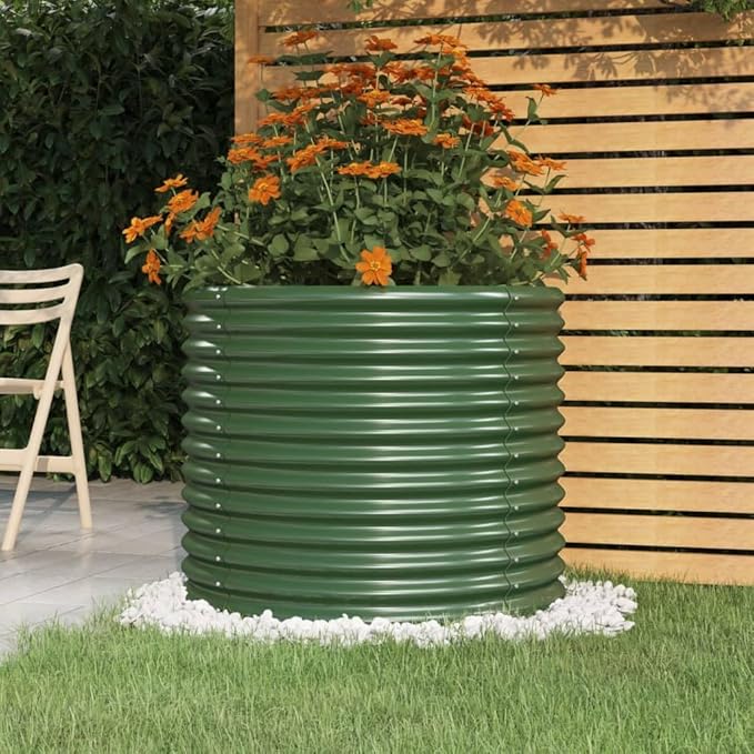 Green Powder-Coated Steel Garden Planter 31.5x31.5x26.8 Inch Outdoor Raised Garden Bed Durable Weather-Resistant Round Planter for Vegetables Flowers Herbs