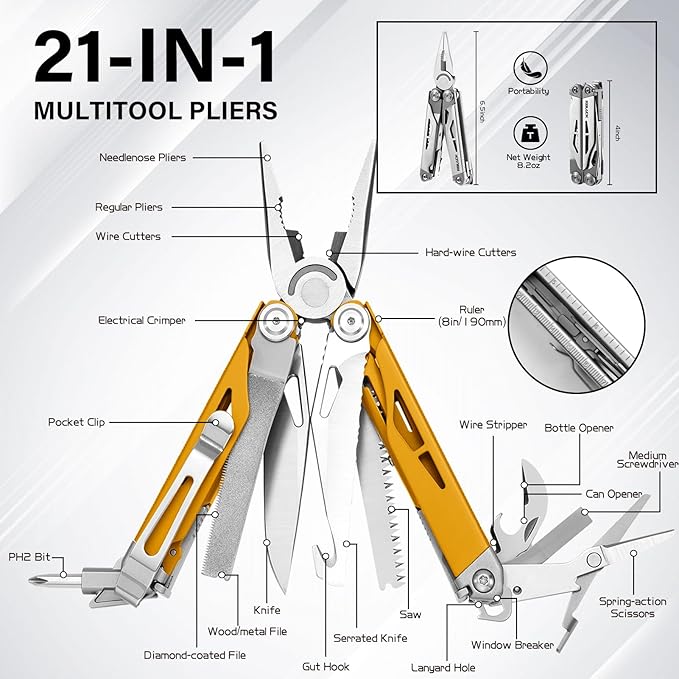 Multitool 21-in-1 Multi Tool Pliers with Safety Locking and Spring-Action Scissors Heavy-duty Stainless Steel Multi-tool Set with Nylon Sheath for Work Home Garden DIY &amp Auto Maple Yellow