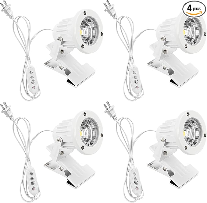 4 Pcs White Metal Clip Mount Full Spectrum Warm Light Spot Lamp with 5.9 Feet Plug in Timer Switch Cord for Indoor Plants Simple Style Adjustable Angle