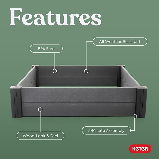 Keter 48 X 48 inches Wood Look Raised Garden Bed Durable Outdoor Herb Garden Planter for Vegetables Flowers and Succulents Grey