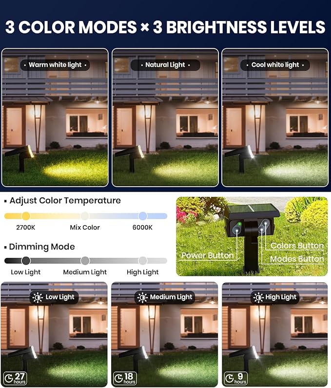 2-Pack Solar Lights Outdoor Waterproof IP67 3 Color Modes (Warm/Cool White &amp Hybrid) with 3 Lighting Modes 105° Adjustable Dusk to Dawn Solar Spotlights for Pathway/Garden/Yard Wall/Ground Light