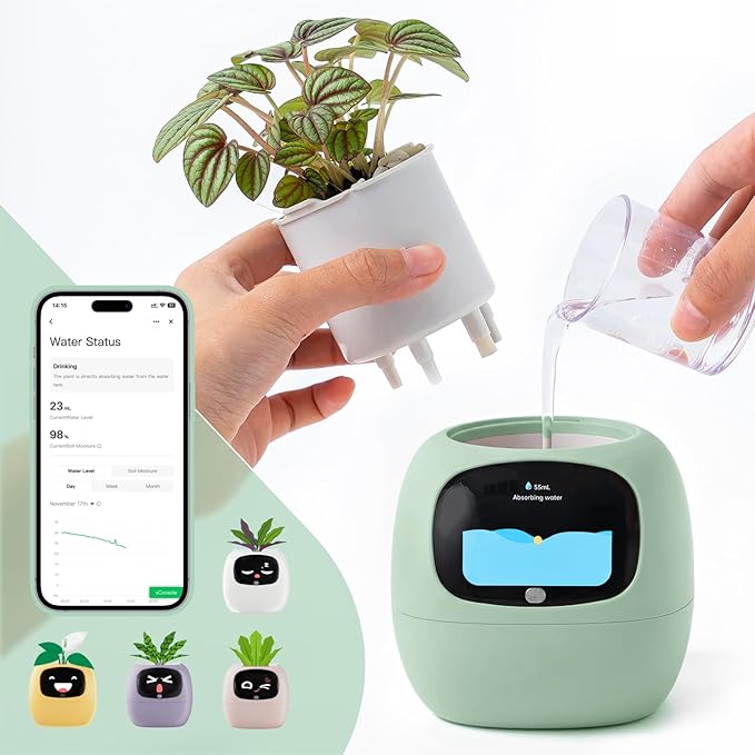 Smart Planter with App Control Self-Watering AI Plant Pot with LCD Display Interactive Desk Plant Companion for 100+ Plants Smart Indoor Planter with Pomodoro Timer80ml ReservoirCalendar-Green