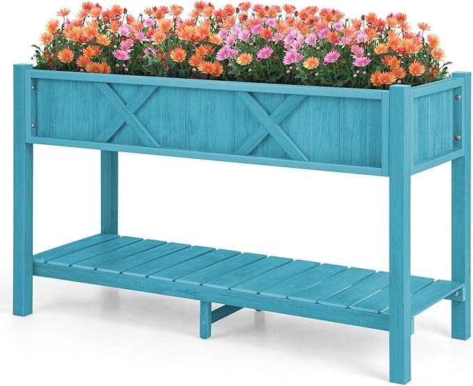 Giantex HIPS Raised Garden Bed Elevated Planter Box w/Legs Storage Shelf Drainage Holes Weather-Proof Standing Raised Beds for Backyard Porch Balcony Flower Herb (Blue 44 x 18 x 29)