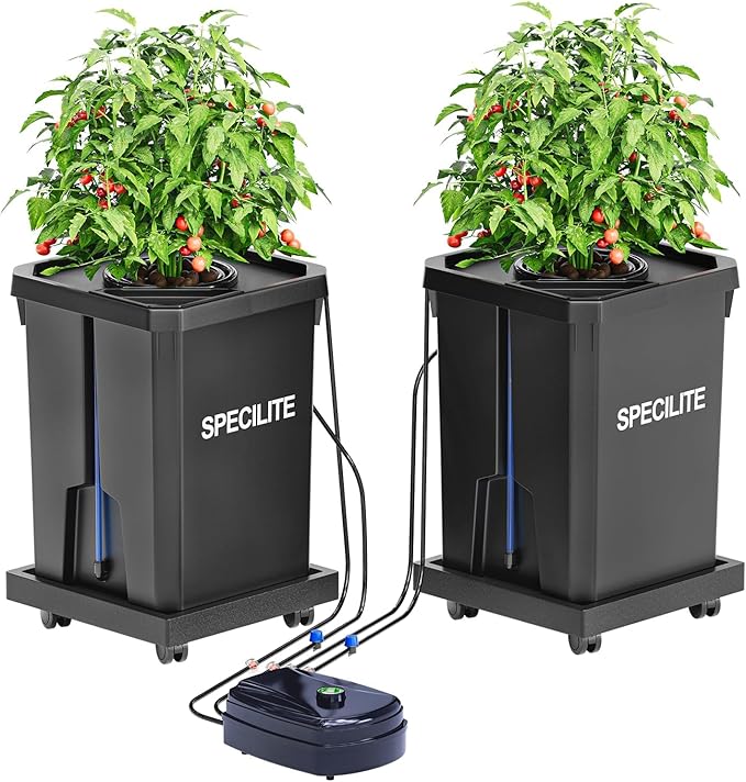 SPECILITE DWC Hydroponics Grow System with Top Drip Kit 7 Gallon 2 Buckets Deep Water Culture Recirculating Drip Garden System with Plant Stand with Wheels Air Pump Air Stone Air Hose