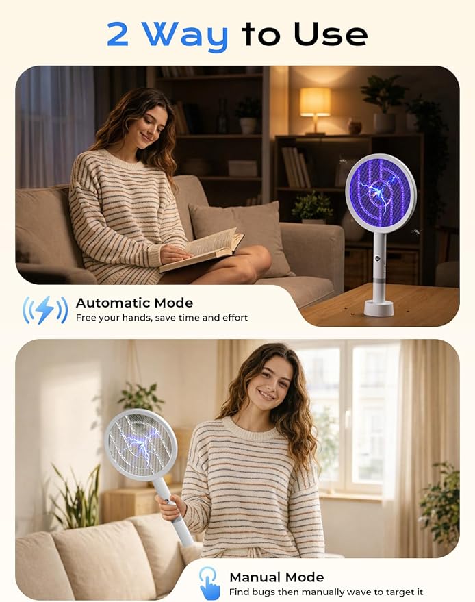 YISSVIC Electric Fly Swatter Bug Zapper Racket 4000V LED Screen Dual Modes Fly Zapper Rechargeable for Indoor Home Office Backyard Patio Camping
