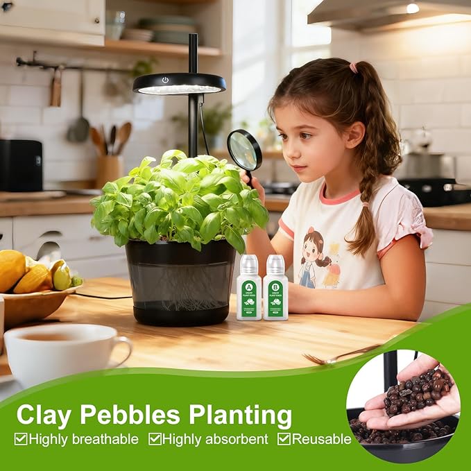 Indoor Clay pellets hydroponic Gardening System with 20-W LED Plant Grow Light.The Translucent hydroponic Growing System for Hydroponic Herbs Vegetables Lettuce Harvest on Countertop