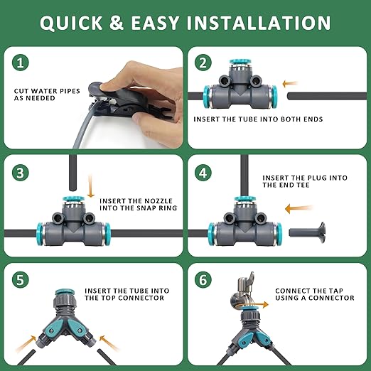 Drip Irrigation System 100FT 1/4 360°Adjustable Garden Watering System with 16pcs Copper Nozzles Drip Irrigation Kit for Outdoor Plants Greenhouse Watering System