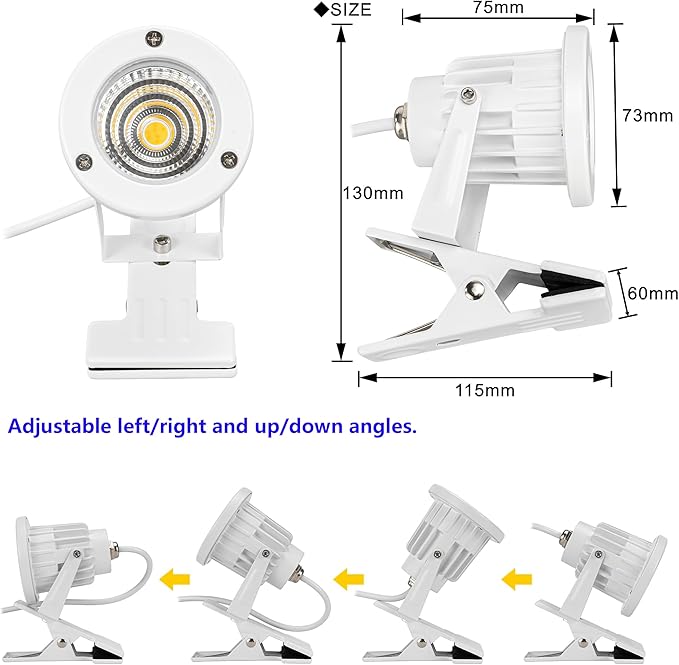 4 Pcs White Metal Clip Mount Full Spectrum Cold Light Spot Lamp with 5.9 Feet Plug in Timer Switch Cord for Indoor Plants Simple Style Adjustable Angle