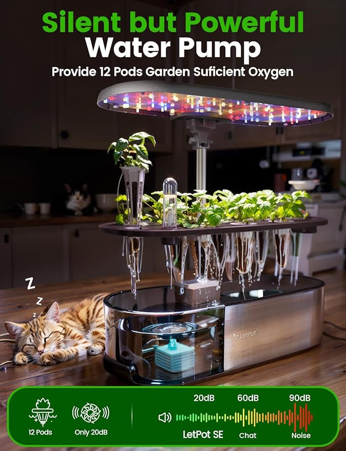 LetPot LPH-SE Hydroponics Growing System 12 Pods Smart Herb Garden Kit Indoor Indoor Garden APP &amp WiFi Controlled with 24W Growing LED 5.5L Water Tank Pump System Automatic Timer