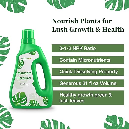 FOLLOWIN Monstera Plant Food Liquid Fertilizer Indoor Outdoor Tropical Plant Nutrients 3-1-2 NPK Promotes Fenestrated Leaves 21 oz Easy-Dose Bottle