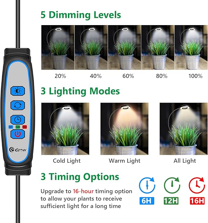 Plant Light 2 Pack Clip on Grow Lights for Indoor Plants LED Full Spectrum Halo Grow Lamp with 6/12/16H Timer 5 Dimmable 3 Modes 2 Installation Options Clip or Plug