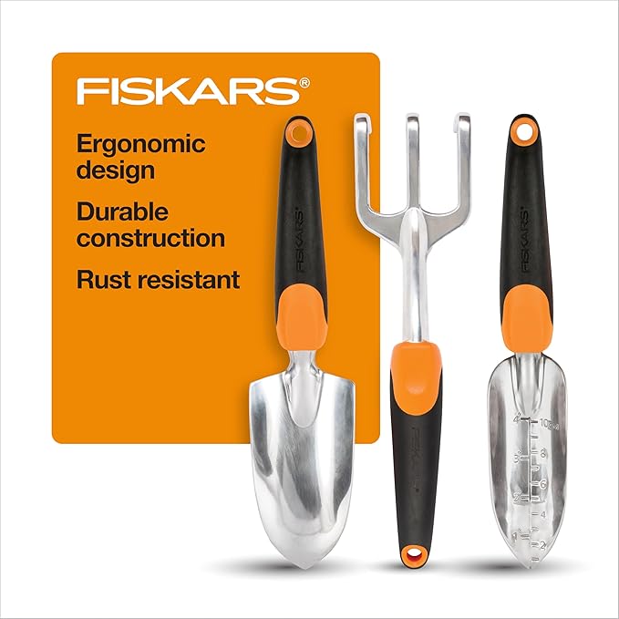 Fiskars 3-in-1 Garden Tool Set Polished Cast-Aluminum Heads for Rust Resistance Heavy-Duty Trowel Transplanter &amp Cultivator for Digging and Planting Non-Slip SoftGrip Handles Reduce Fatigue