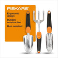 Fiskars 3-in-1 Garden Tool Set Polished Cast-Aluminum Heads for Rust Resistance Heavy-Duty Trowel Transplanter &amp Cultivator for Digging and Planting Non-Slip SoftGrip Handles Reduce Fatigue