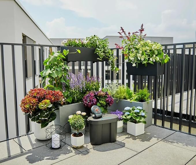GARDENA (13301) Solar-Powered AquaBloom Garden Irrigation Sprinkler Kit with Water Tank: Water up to 20 Potted Plants with Adjustable drip Irrigation System for Automatic Watering of Patio Plants.