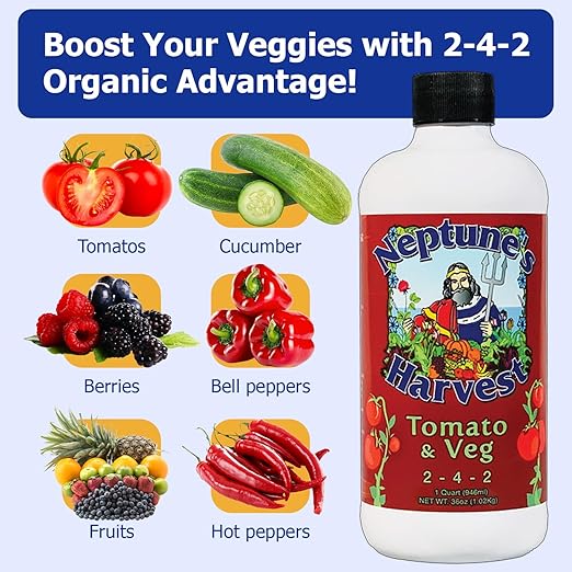 Neptune’s Harvest Organic Tomato &amp Vegetable Plant Fertilizer (2-4-2) - Liquid Plant Food w/Fresh Fish Seaweed Molasses Yucca Extract &amp Humic Acids - for Vegetable Garden (Quart (2 Pack))