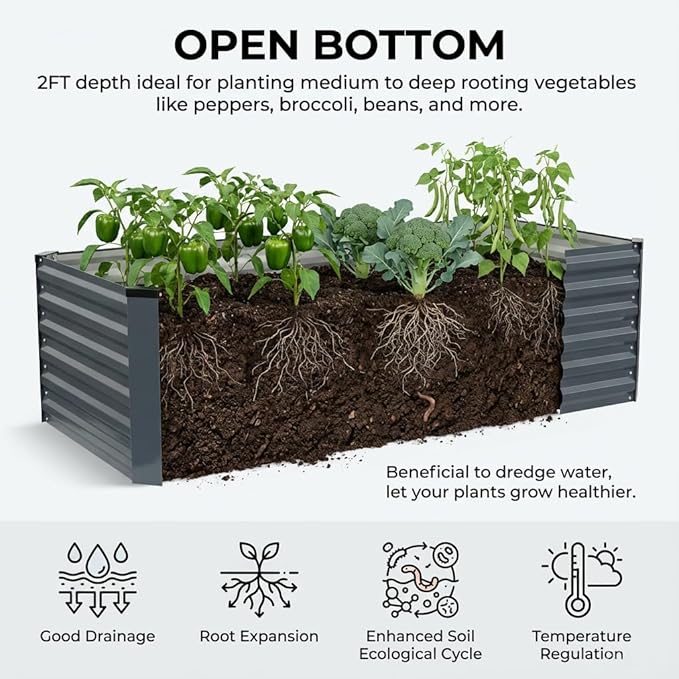 STBoo 6x3x2FT Galvanized Raised Garden Bed Outdoor Metal Raised Planter Box for Vegetables Elevated Rust-Resistant Rectangle Gardening Container Kit with Reinforced Panels for Backyard Patio(Grey)