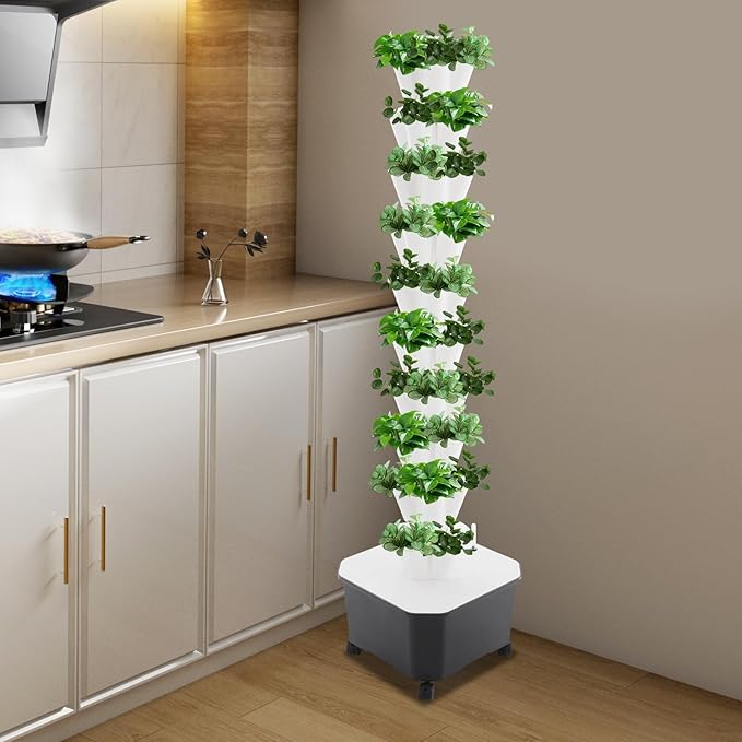 Hydroponic Growing Tower 10 Layered Hydroponic Planting Tower 50 Slots Vegetable Growth Hydroponics System 25L Water Tank Hydroponic Garden Tower for Vegetable Strawberries Lettuce