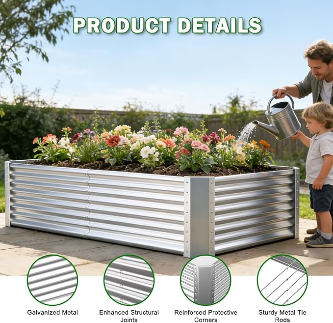 Galvanized Raised Garden Bed Kit Outdoor Patio8x4x2ft Large Rectangular Metal Planter BoxesDeep Root Box Planter for Gardening Vegetables Flowers Herbs 1 Pack Silver