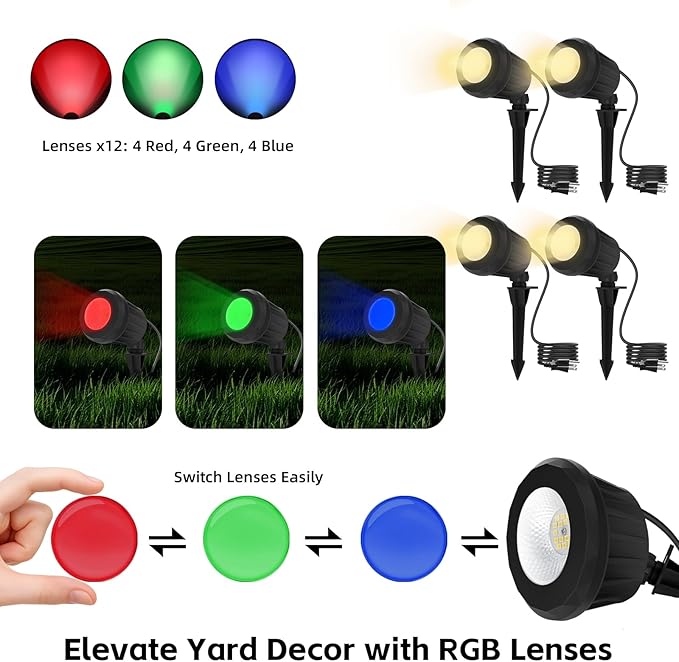 Spotlight Outdoor – 120V Plug-in 2700K Warm White LED Landscape Spot Lights with RGB 3 Lenses for Yard Garden Lawn&ampTree Decor IP67 Waterproof Perfect for Holidays&ampEveryday (4 Pack Black)