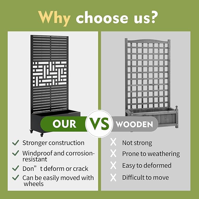 Metal Planter Box with Trellis Raised Garden Bed with Wheels Trellis Privacy Screen Planter for Climbing Plants Vegetables Vines Outdoor Garden Use (Black-5)