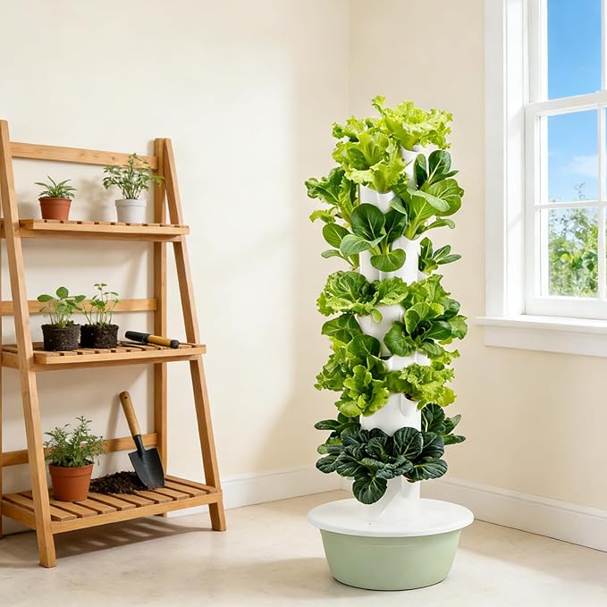 Hydroponic Growing System Kit Hydroponic Growing Tower with Automatic Water Circulation Indoor &amp Outdoor Vertical Planter Tower for Vegetables and Fruits with 4 LED Lights &amp Timer 5Layer