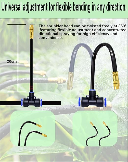 Drip Irrigation System 360 Degree Adjustable Garden Sprinkler High Output Mist Spray Nozzle for Potted Plants Easy Connect &amp Rotating Head Customizable Water Flow (65FT+15spray nozzles+Timer)