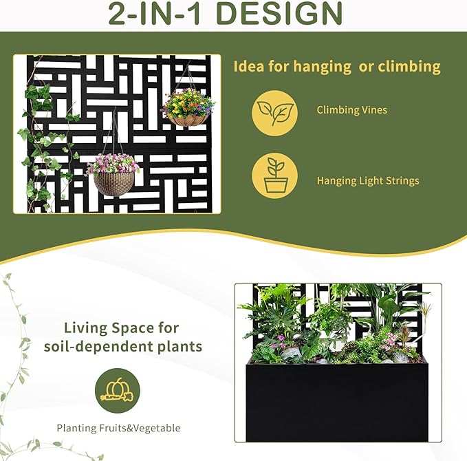 70 Black Metal Raised Garden Bed with Trellis Modular Planter Box System for Customizable Growing Walls Connect Multiple Units for Continuous Vertical Garden Rust-Proof Steel