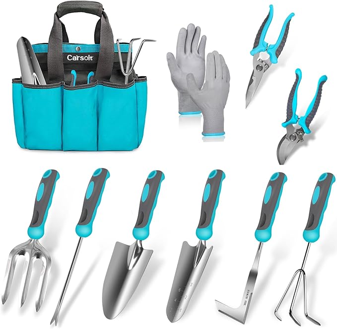 Gardening Tools Carsolt 10 Piece Heavy Duty Stainless Steel Garden Tools Set with Ergonomic Rubber Handle. Variety of Gardening Hand Tools with Gift Box Ideal Garden Gifts for Women