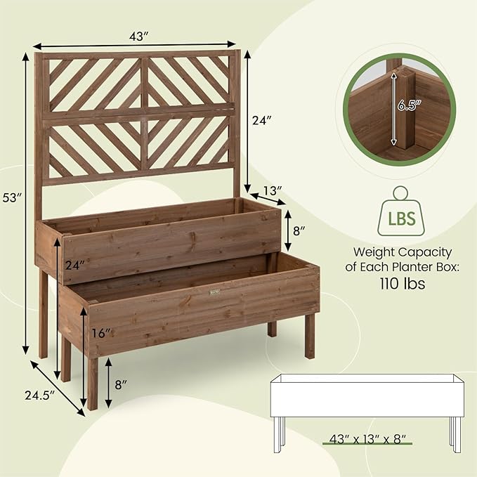 ORALNER Raised Garden Bed with Trellis 43” x 24.5” x 53” Outdoor 2-Tier Wooden Planter Box with Drainage Holes Elevated Garden Trellis Planter for Vine Flower Herb Fruit Vegetable (Brown)