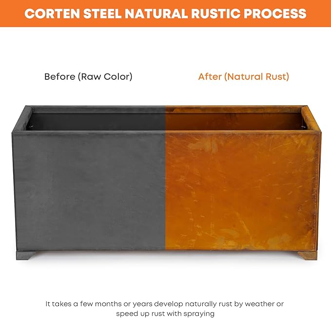 Stanbroil Corten Steel Planter Box for Outdoor Patio - 36 X12 X16 Inch Large Rectangular Metal Planter Box with Natural Rusty and Drainage Holes for Raising Flower Plants