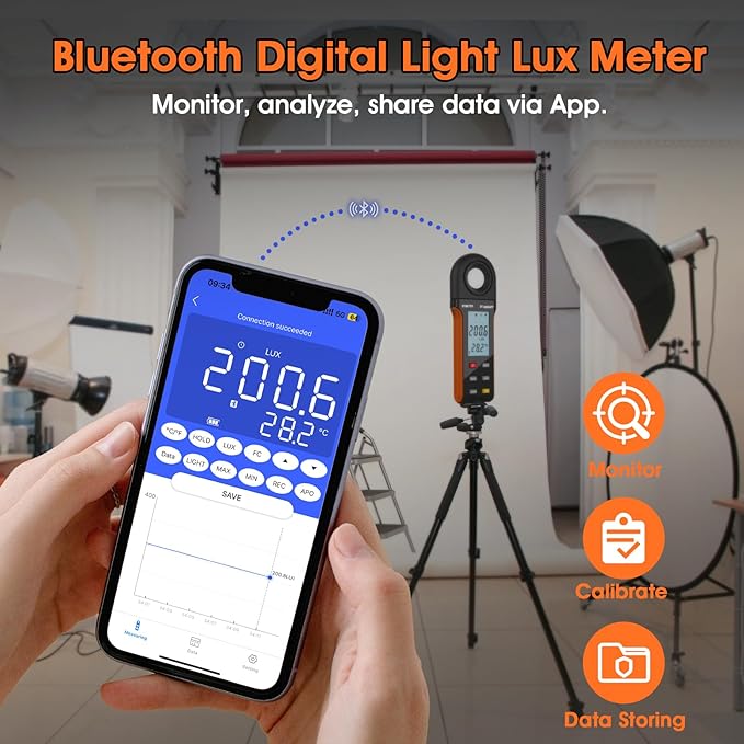 BTMETER Illuminance Light Meter w/Bluetooth - Digital Lumen Tester Measure Lighting Level Intensity 1~400000 Lux(Foot Candle 1~37160) Luxometer with 270º Rotated Sensor Data Logging for Plants Grow